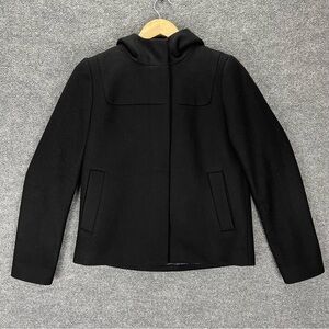 J Crew Wool Coat Women’s Size 2 Black Inner Lined Fabric Full Zip Hooded